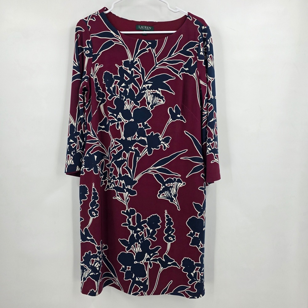 LAUREN RALPH LAUREN MIDI DRESS WOMENS SIZE 10 FLORAL BURGUNDY BLUE POCKETS EUC‎